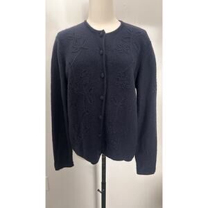 Navy Blue Cardigan 100% Wool Embellished Floral Navy Blue Classic Preppy Sz M